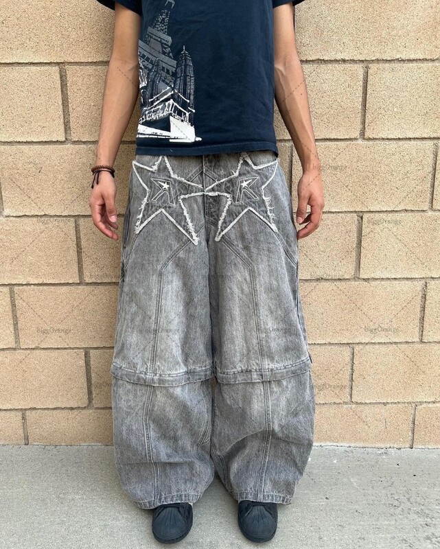 2024 m. madingos „Streetwear“ kelnės, amerikietiškos retro spalvos, siuvinėtos, išskalbtos „skalbti“ suspausti džinsai, vyriškos gotikos „punk“ plačios tiesios kelnės