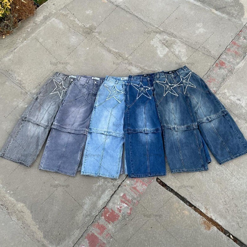 2024 m. madingos „Streetwear“ kelnės, amerikietiškos retro spalvos, siuvinėtos, išskalbtos „skalbti“ suspausti džinsai, vyriškos gotikos „punk“ plačios tiesios kelnės