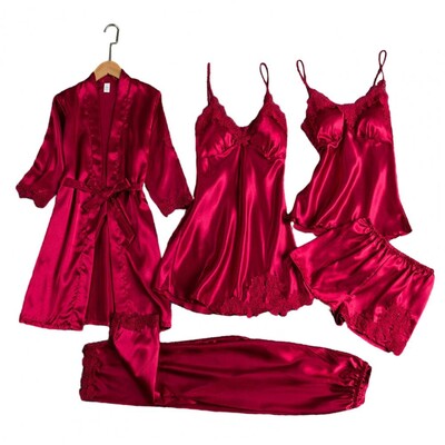 Set de pijamale de mătase Set de pijamale de damă din mozacuri din dantela din satin elegant cu talie cu șireturi 5 piese cămașă de noapte pantaloni scurți pentru confort