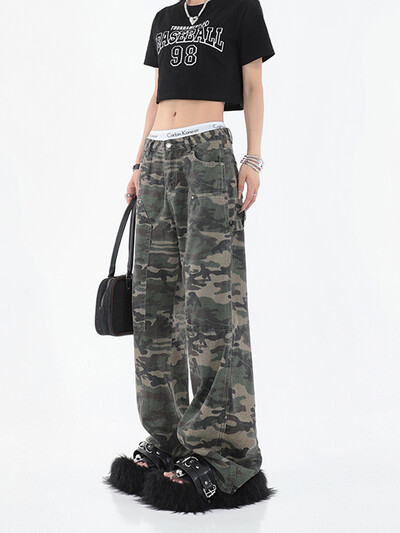 2023. g. sieviešu modes maskēšanās džinsi brīvi ar augstu vidukli Cargo bikses Taisni džinsi.