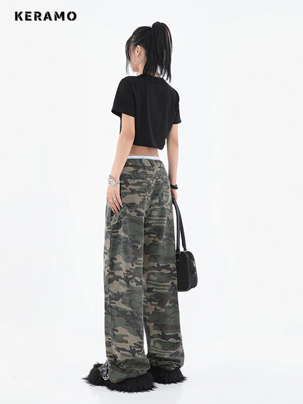 2023. g. sieviešu modes maskēšanās džinsi brīvi ar augstu vidukli Cargo bikses Taisni džinsi.