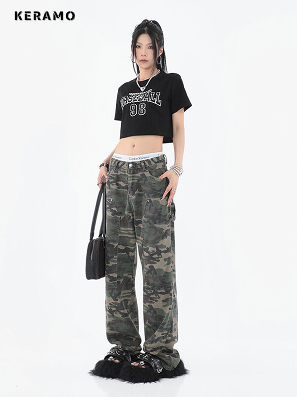 2023. g. sieviešu modes maskēšanās džinsi brīvi ar augstu vidukli Cargo bikses Taisni džinsi.