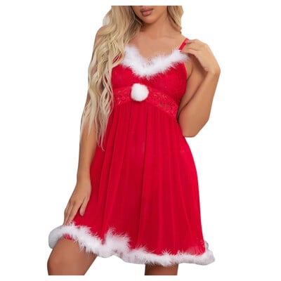Cămașă de noapte sexy Crăciun roșu Tentation Rochie de noapte Pată de mătase Lenjerie exotică de dimensiuni plus Lenjerie senzuală Lenjerie de Crăciun