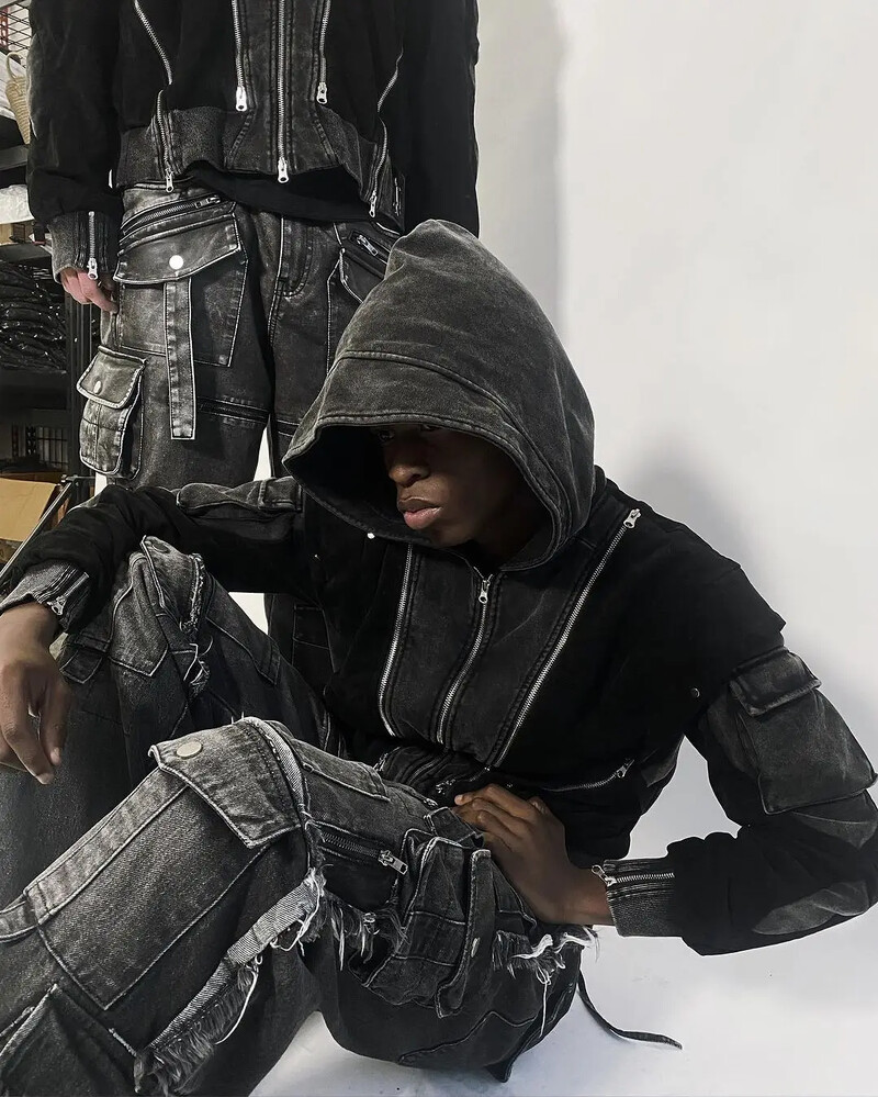 Americký ťažký priemysel, Y2K, viacvreckové prané čierne džínsy, retro gotický streetwear, hip hop, voľné ležérne nohavice so širokými nohavicami
