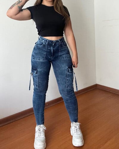 Dámske vintage streetwear úzke džínsy s vysokým pásom, retro štýl, džínsy s vysokým pásom, ležérne prané cargo nohavice, dámske jesenné a zimné legíny, džínsové nohavice