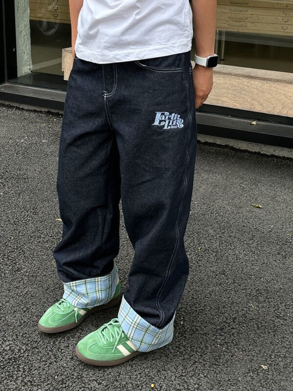 Amerikietiški retro languoti kratiniai, moteriški džinsai High Street Harajuku laisvos plačios kojos tiesios vyriškos ir moteriškos kelnės