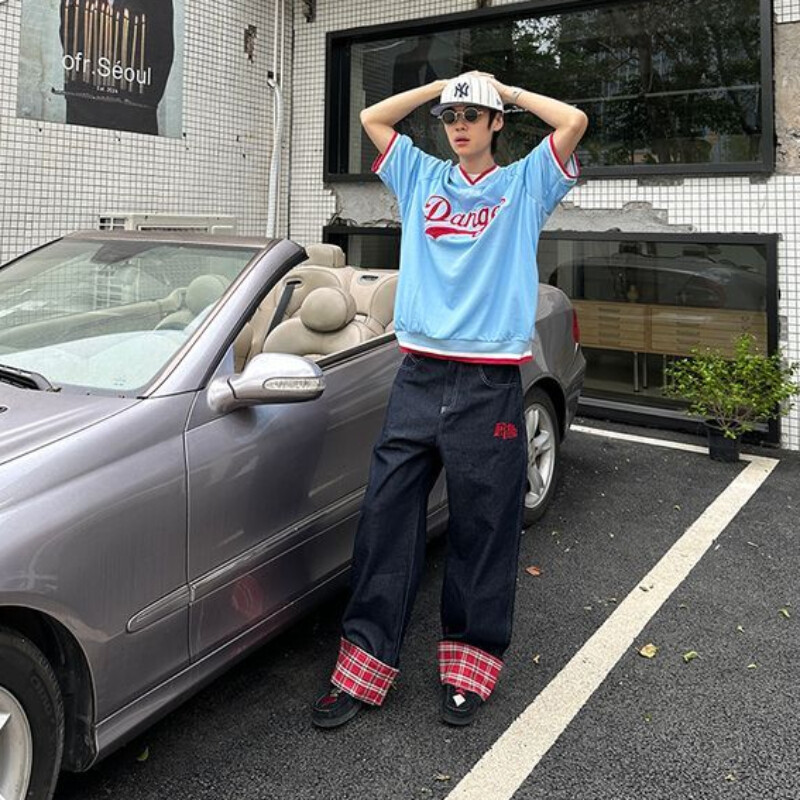 Amerikietiški retro languoti kratiniai, moteriški džinsai High Street Harajuku laisvos plačios kojos tiesios vyriškos ir moteriškos kelnės