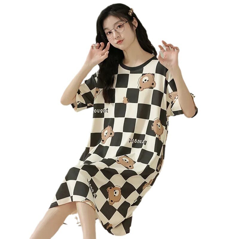 Vasaros moteriškos pižamos imitacijos medvilniniai mieli naktiniai trumpomis rankovėmis animaciniai filmukai didelio dydžio naktiniai marškiniai Vasariniai ploni ilgi sijonai Namų drabužiai