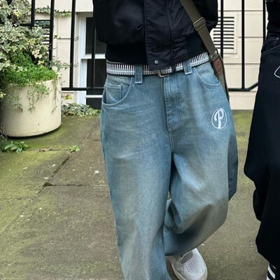 Pánske retro oblečenie Y2k v štýle Harajuku z roku 2023, nové vrecovité ležérne džínsy so širokými nohavicami, hip hop potlačou, trendy, čierne džínsy s vysokým pásom