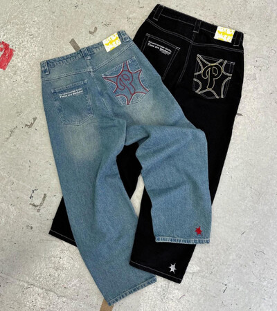 Y2k Retro Harajuku Clothing 2023 New Baggy Casual Wide Jeans Hip Hop Print Jeans Trend Fashion Black Jean с висока талия