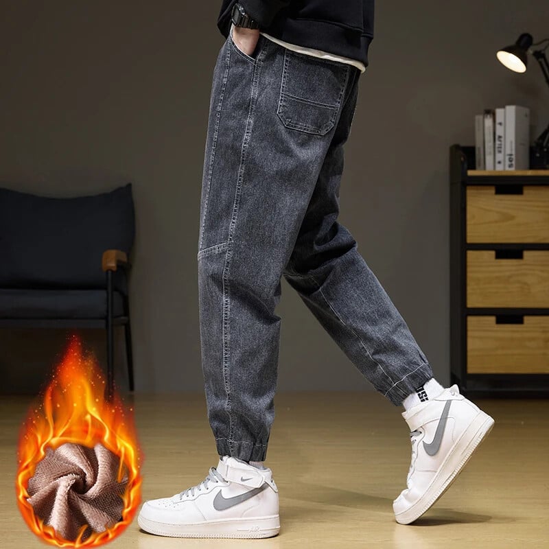 Pánske outdoorové elastické pásové ležérne džínsy s bavlneným flísom, strečové nohavice po členky, teplé zahusťovacie džínsové nohavice, joggingové tepláky