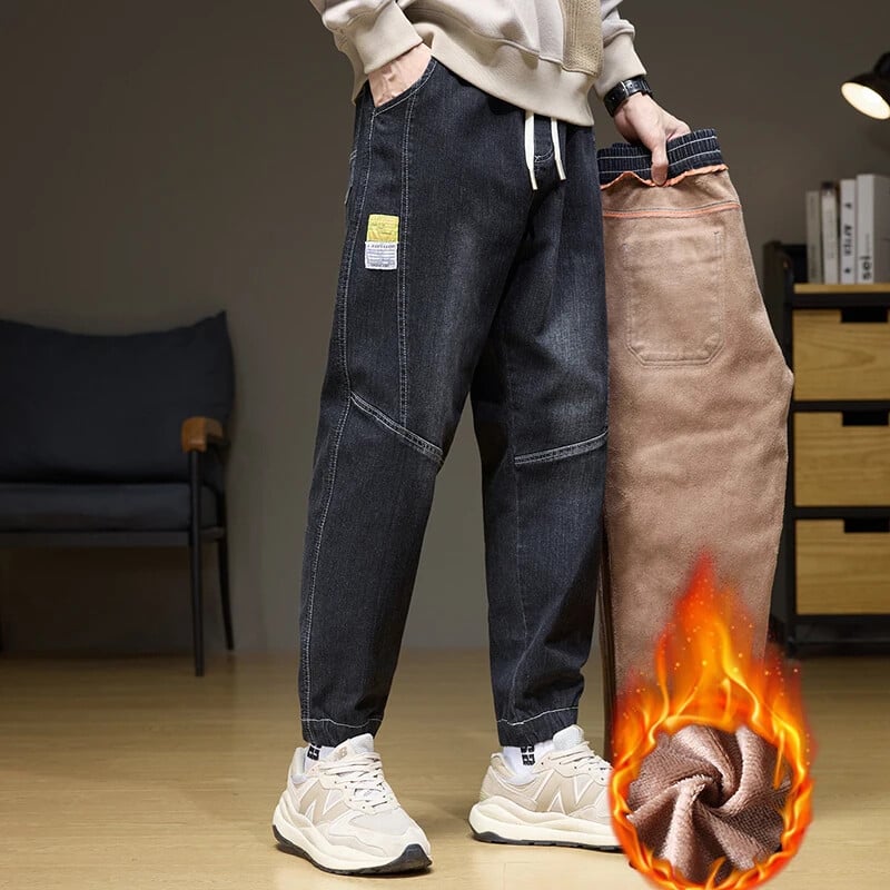 Pánske outdoorové elastické pásové ležérne džínsy s bavlneným flísom, strečové nohavice po členky, teplé zahusťovacie džínsové nohavice, joggingové tepláky