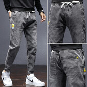 2020 m. žiemos vyrų mada, universalus laisvalaikio ilgos kelnės, vilnos pamušalas, pastorintas, madingi džinsai, medvilninė medžiaga, laisvas stilius