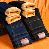 Žieminės naujos vyriškos tiesios kojos, plonos vilnos pamušalas, pastorinti džinsai šiltos medvilnės vatinės kelnės Elastinės, madingos, plonos džinsinės kelnės