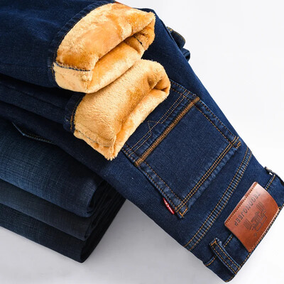 Žieminės naujos vyriškos tiesios kojos, plonos vilnos pamušalas, pastorinti džinsai šiltos medvilnės vatinės kelnės Elastinės, madingos, plonos džinsinės kelnės