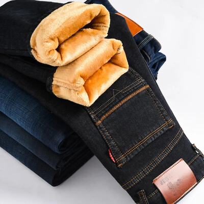 Žieminės naujos vyriškos tiesios kojos, plonos vilnos pamušalas, pastorinti džinsai šiltos medvilnės vatinės kelnės Elastinės, madingos, plonos džinsinės kelnės