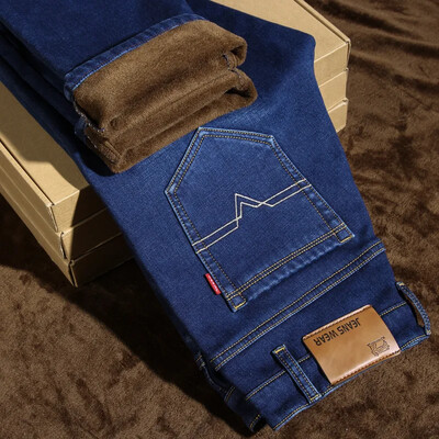 Žieminės naujos vyriškos tiesios kojos, plonos vilnos pamušalas, pastorinti džinsai šiltos medvilnės vatinės kelnės Elastinės, madingos, plonos džinsinės kelnės