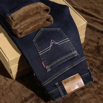 Žieminės naujos vyriškos tiesios kojos, plonos vilnos pamušalas, pastorinti džinsai šiltos medvilnės vatinės kelnės Elastinės, madingos, plonos džinsinės kelnės