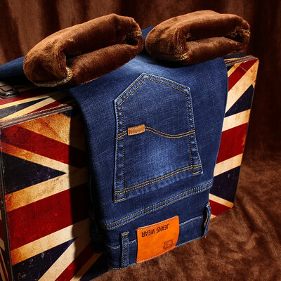 Žieminės naujos vyriškos tiesios kojos, plonos vilnos pamušalas, pastorinti džinsai šiltos medvilnės vatinės kelnės Elastinės, madingos, plonos džinsinės kelnės