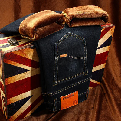 Žieminės naujos vyriškos tiesios kojos, plonos vilnos pamušalas, pastorinti džinsai šiltos medvilnės vatinės kelnės Elastinės, madingos, plonos džinsinės kelnės