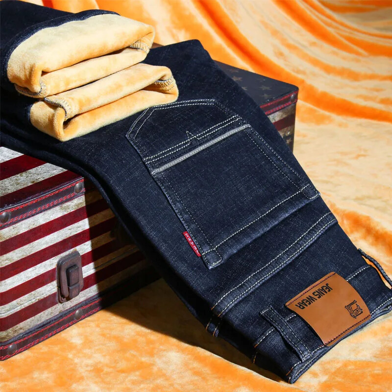 Žieminės naujos vyriškos tiesios kojos, plonos vilnos pamušalas, pastorinti džinsai šiltos medvilnės vatinės kelnės Elastinės, madingos, plonos džinsinės kelnės