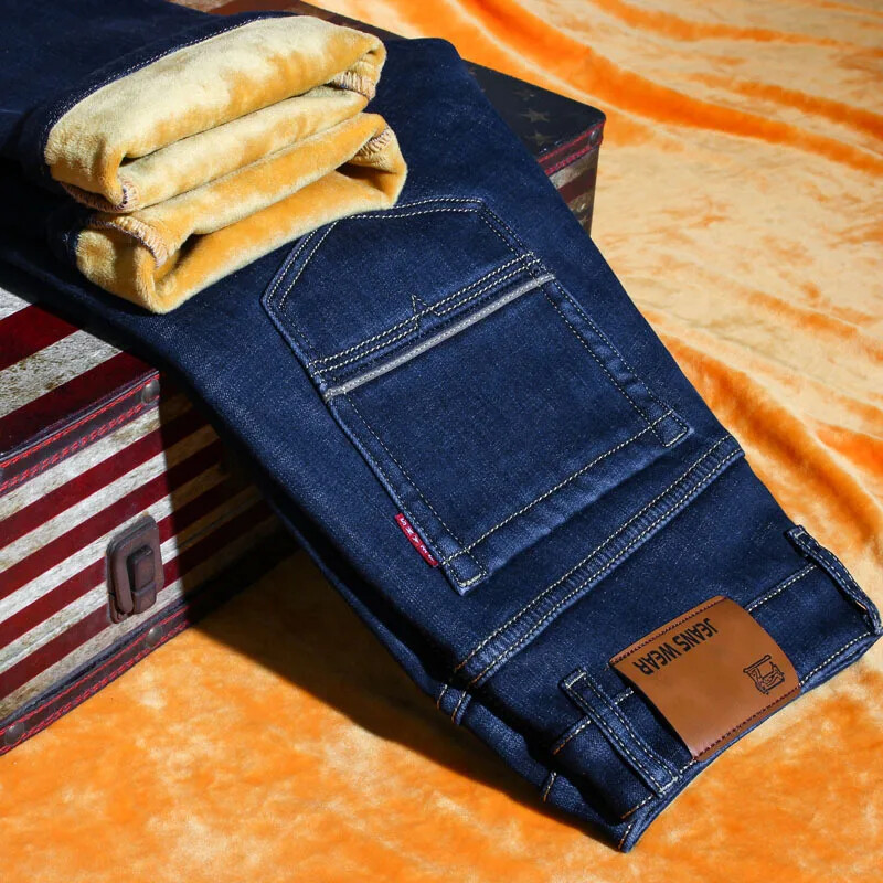 Žieminės naujos vyriškos tiesios kojos, plonos vilnos pamušalas, pastorinti džinsai šiltos medvilnės vatinės kelnės Elastinės, madingos, plonos džinsinės kelnės