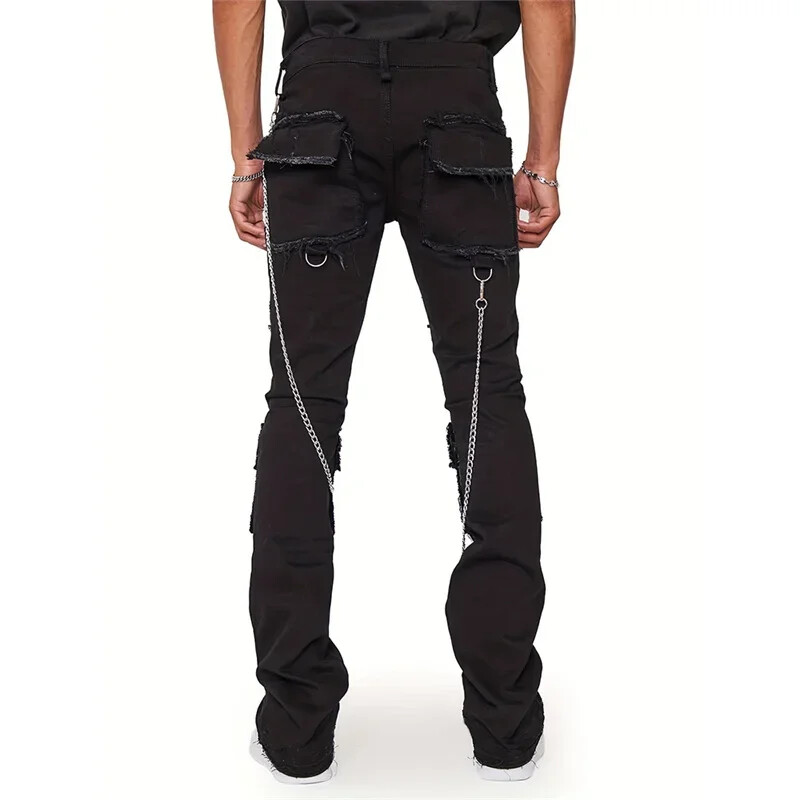 Vyriški kelių kišenių kratiniai grandinėlės puošmena tiesūs džinsai, skalbti džinsiniai kelnės, vyriškos hipsterių stiliaus gatvės aprangos kelnės aukštu juosmeniu