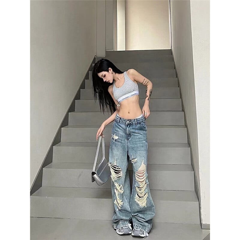 Aukštu juosmeniu plėšyti moteriški mėlyni džinsai Hip-hop stiliaus mados vintažinė gatvės apranga Y2K plačiomis kojomis džinsas 2000-ųjų kelnės Baggy džinsinės kelnės