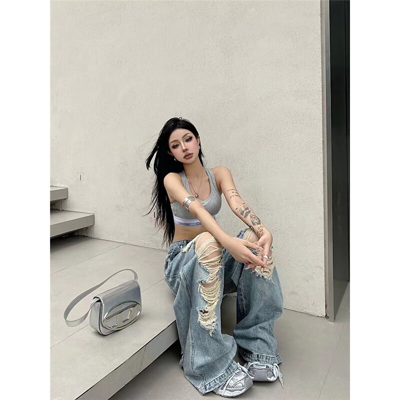 Aukštu juosmeniu plėšyti moteriški mėlyni džinsai Hip-hop stiliaus mados vintažinė gatvės apranga Y2K plačiomis kojomis džinsas 2000-ųjų kelnės Baggy džinsinės kelnės