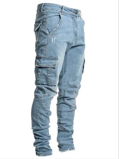 Fahsion Blugi Bărbați Pantaloni Spălați Culoare uni Multi buzunare Denim Blugi Cargo cu talie mijlocie Pantaloni casual de talie mare Îmbrăcăminte zilnică pentru bărbați