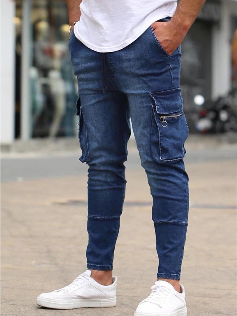 Fahsion Blugi Bărbați Pantaloni Spălați Culoare uni Multi buzunare Denim Blugi Cargo cu talie mijlocie Pantaloni casual de talie mare Îmbrăcăminte zilnică pentru bărbați