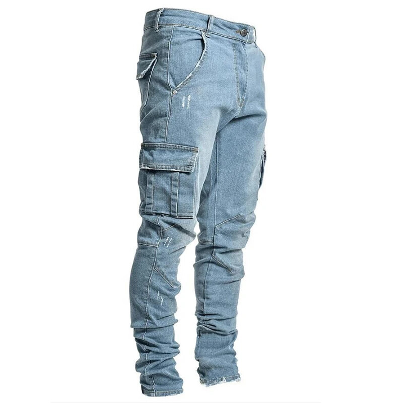 Fahsion Blugi Bărbați Pantaloni Spălați Culoare uni Multi buzunare Denim Blugi Cargo cu talie mijlocie Pantaloni casual de talie mare Îmbrăcăminte zilnică pentru bărbați