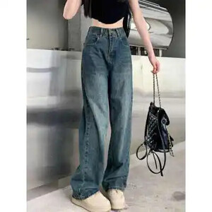 Dámske džínsy so širokými nohavicami, vysoký pás, kontrastné rovné nohavice, jesenné dámske voľné nohavice, streetwear