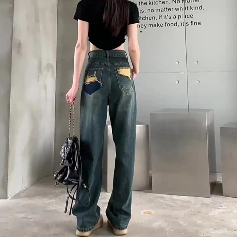Dámske džínsy so širokými nohavicami, vysoký pás, kontrastné rovné nohavice, jesenné dámske voľné nohavice, streetwear