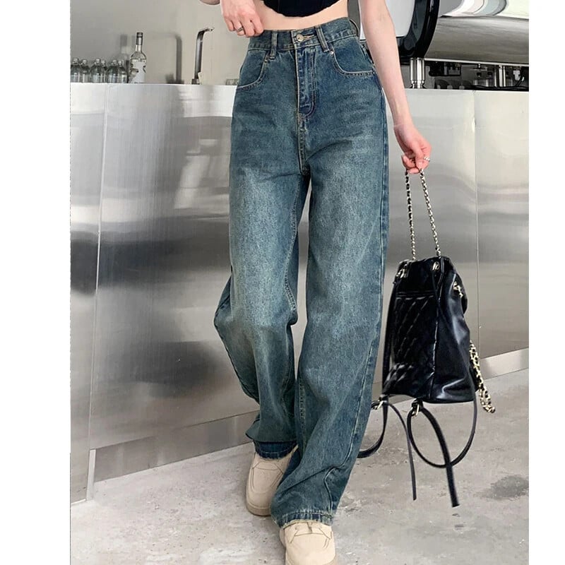 Dámske džínsy so širokými nohavicami, vysoký pás, kontrastné rovné nohavice, jesenné dámske voľné nohavice, streetwear
