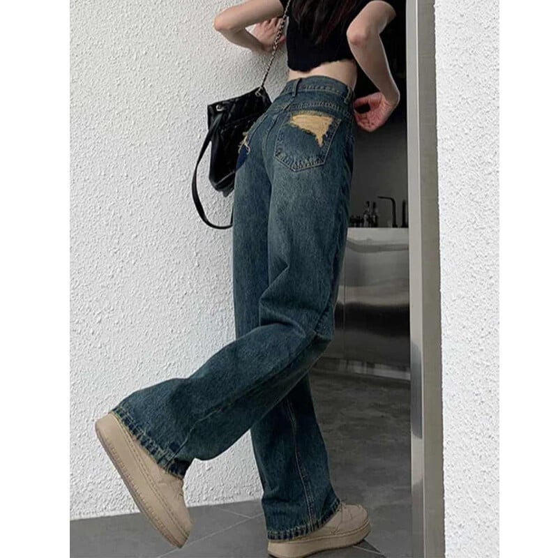 Dámske džínsy so širokými nohavicami, vysoký pás, kontrastné rovné nohavice, jesenné dámske voľné nohavice, streetwear