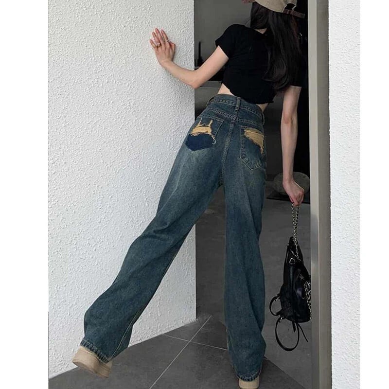 Dámske džínsy so širokými nohavicami, vysoký pás, kontrastné rovné nohavice, jesenné dámske voľné nohavice, streetwear