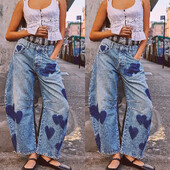 Farmer, női, nyomtatott hosszú nadrág, alkalmi laza farmerkék, anya szív, derék közepén széles szárú nadrág nadrág zsebgomb, Y2k összeillesztés 2024