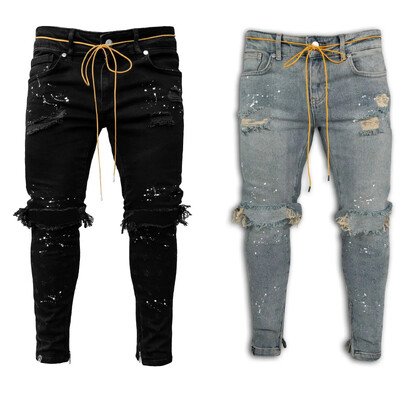 Ripped Hole Farmer Férfi Hip Hop Cargo Pant Distressed Világoskék Farmer Skinny Férfi Ruházat Teljes hosszúságú őszi nadrágok