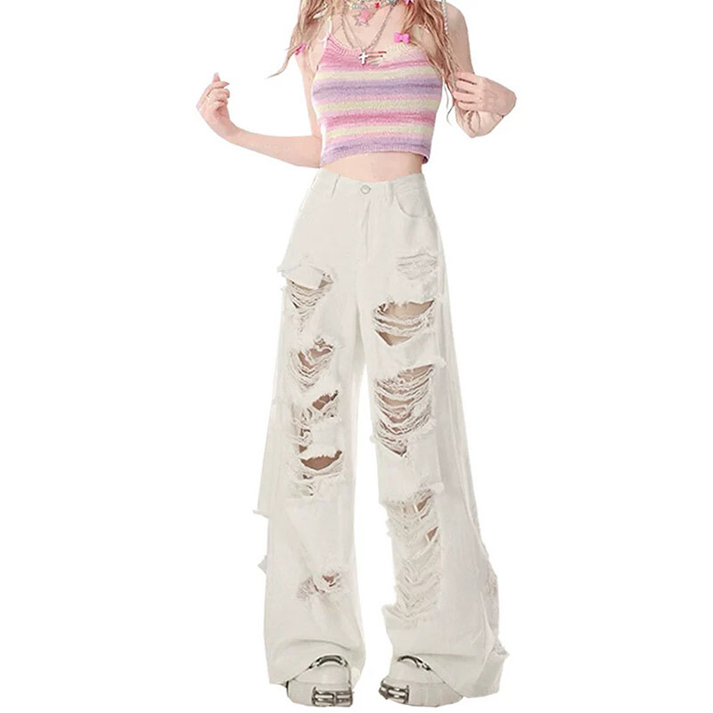Dámske biele vrecovité roztrhané džínsy, vintage kovbojské nohavice, Harajuku Streetwear, nadrozmerné džínsové nohavice, odpadkové oblečenie z roku 2000, rok 2024