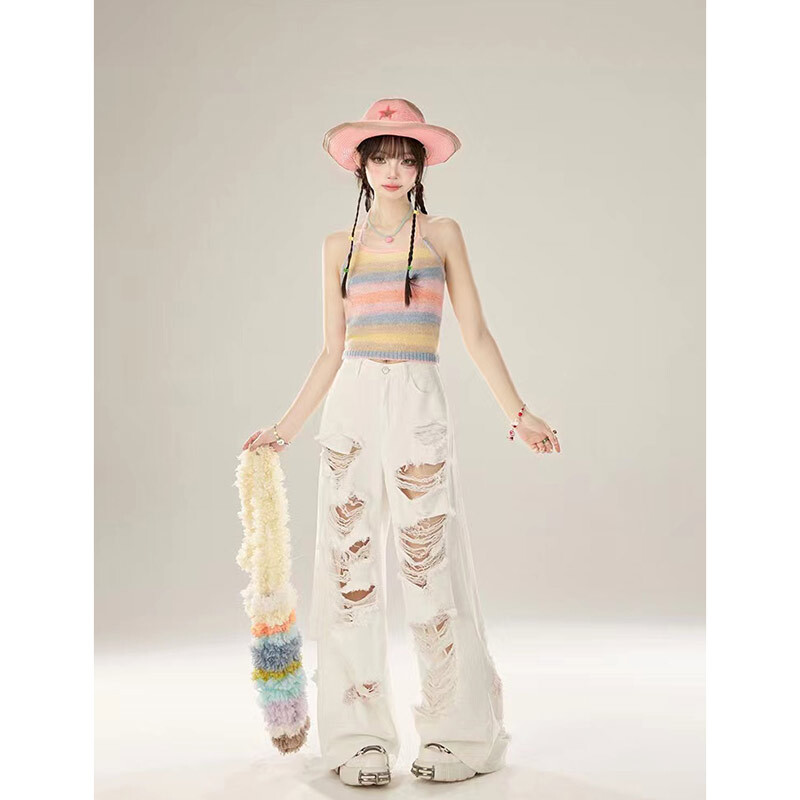 Dámske biele vrecovité roztrhané džínsy, vintage kovbojské nohavice, Harajuku Streetwear, nadrozmerné džínsové nohavice, odpadkové oblečenie z roku 2000, rok 2024