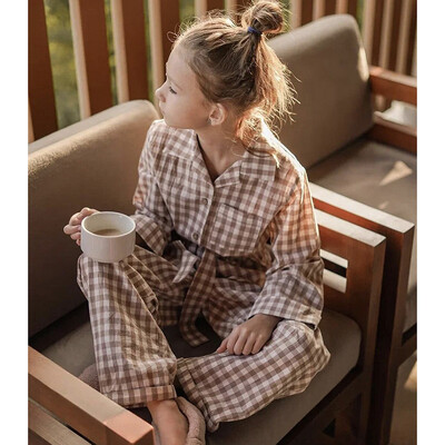 Cute Kid Girl`s turndown Collar Καφέ καρό Σετ πιτζάμες.Vintage Παιδικές πιτζάμες Παιδικές Σαλόνια ύπνου.Παιδικά Ρούχα