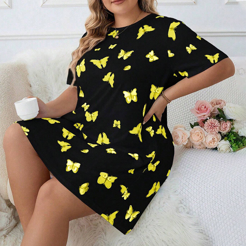 Veľká veľkosť 5XL Motýlia potlač nočná košeľa Dámska nočná košeľa s krátkym rukávom, sladké nadrozmerné šaty, ležérne pyžamo