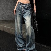 Módny trend Y2K, nové americké Spice Girls, obnošené džínsy, dámske streetwear oblečenie, nadrozmerné nepravidelné strieborné nohavice so širokými nohavicami