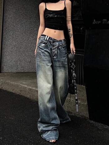 Y2K Fashion Trend New American Spice Girls Make Old Jeans Γυναικεία ρούχα Streetwear Oversize ακανόνιστο καυτό ασημί παντελόνι με φαρδύ πόδι