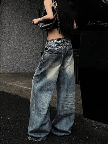 Y2K Fashion Trend New American Spice Girls Make Old Jeans Γυναικεία ρούχα Streetwear Oversize ακανόνιστο καυτό ασημί παντελόνι με φαρδύ πόδι