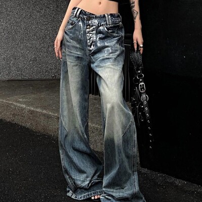Módny trend Y2K, nové americké Spice Girls, obnošené džínsy, dámske streetwear oblečenie, nadrozmerné nepravidelné strieborné nohavice so širokými nohavicami