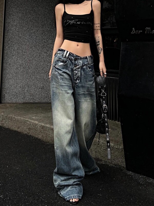 Módny trend Y2K, nové americké Spice Girls, obnošené džínsy, dámske streetwear oblečenie, nadrozmerné nepravidelné strieborné nohavice so širokými nohavicami