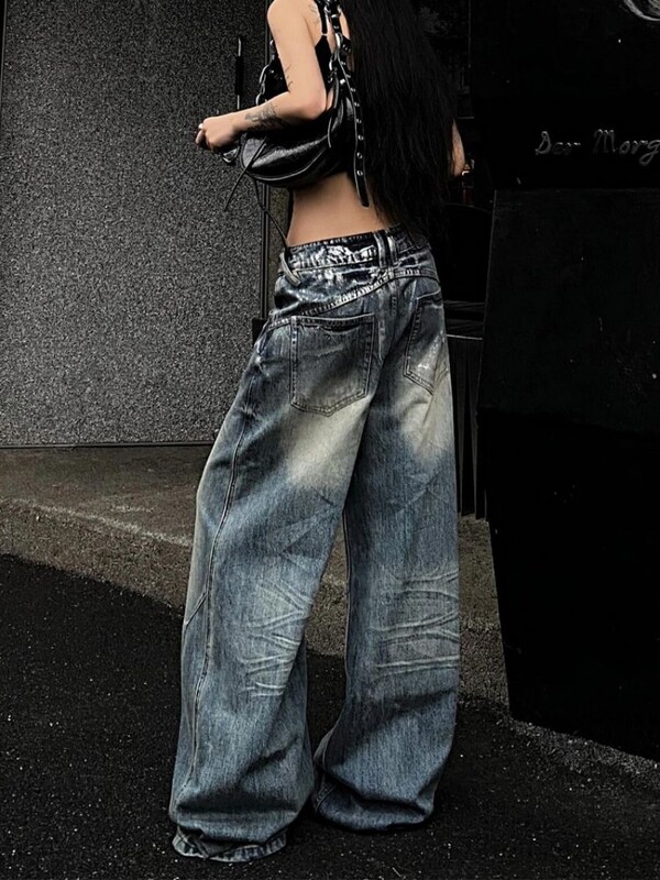 Módny trend Y2K, nové americké Spice Girls, obnošené džínsy, dámske streetwear oblečenie, nadrozmerné nepravidelné strieborné nohavice so širokými nohavicami