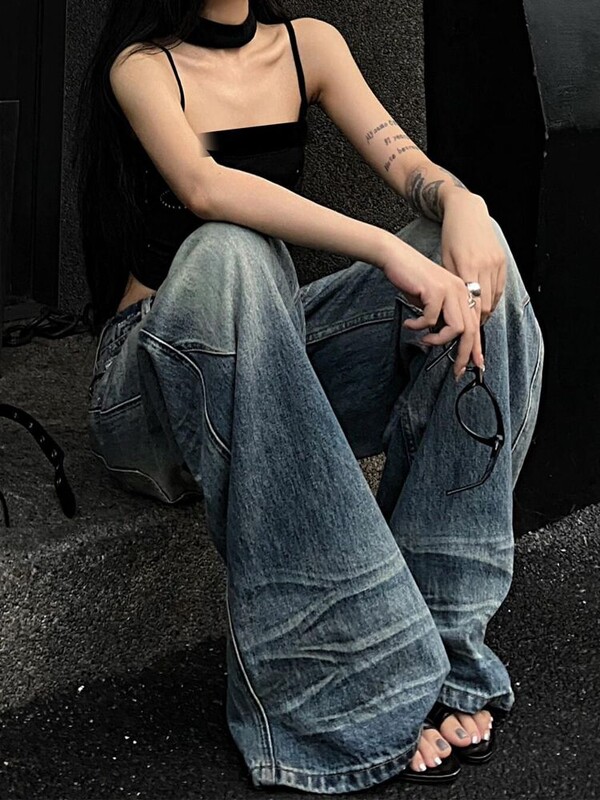 Módny trend Y2K, nové americké Spice Girls, obnošené džínsy, dámske streetwear oblečenie, nadrozmerné nepravidelné strieborné nohavice so širokými nohavicami